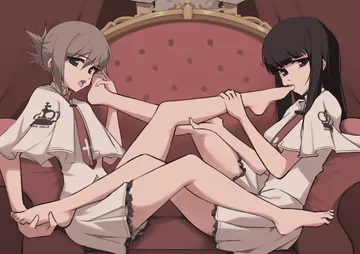 Пост #2502: 2girls, barefoot, black hair, capelet, couch, feet, folded ponytail, foot worship