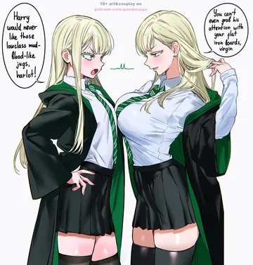 Пост #554: qiandaiyiyu, harry potter (series), wizarding world, malfoid, 2girls, asymmetrical docking, black robe, black skirt