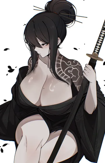 Пост #59: m ayonessa, library of ruina, project moon, sayo (project moon), 1girl, black eyes, black hair, black kimono, breasts, cleavage, folded hair, hair ornament