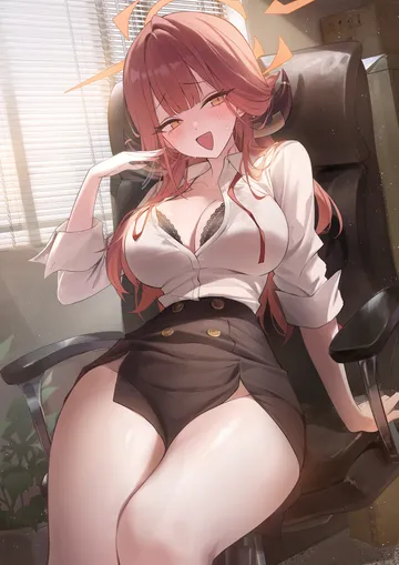Пост #1472: okkimon, blue archive, aru (blue archive), :d, 1girl, alternate breast size (larger), arm support, black bra