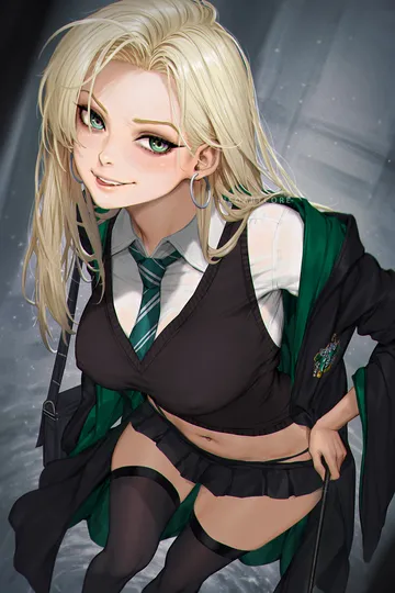 Пост #1257: neoartcore, harry potter (series), wizarding world, malfoid, 1girl, bag, black bag, blonde hair, breasts, collared shirt, curtained hair, diagonal-striped clothes