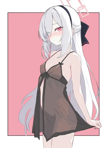 Пост #3210: kamiyama (sayumimskz), blue archive, kei (blue archive), 1girl, black hairband, black negligee, blush, border