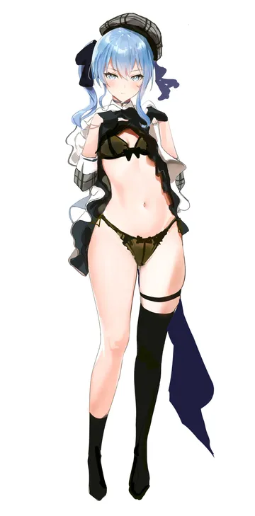 Пост #2984: porroll, hololive, hoshimachi suisei, hoshimachi suisei (1st costume), 1girl, beret, black bra, black gloves