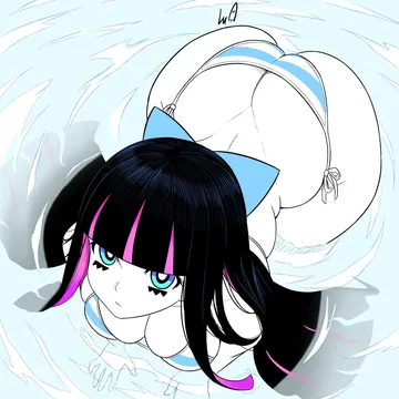 Пост #4005: lughost, panty & stocking with garterbelt, stocking (psg), 1girl, ass, bare shoulders, bikini, black hair
