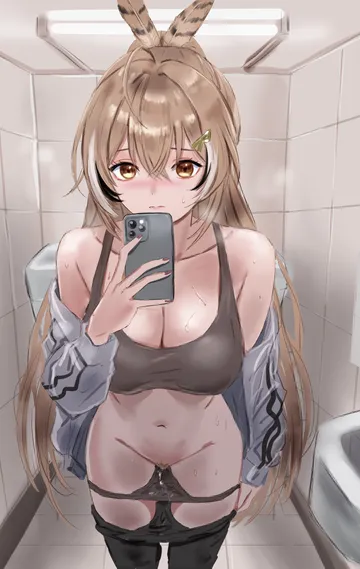 Пост #1796: momi chan, hololive, hololive english, nanashi mumei, 1girl, ahoge, black streaks, blush
