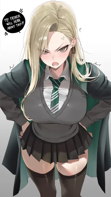 Пост #962: vitaminechan, harry potter (series), wizarding world, malfoid, 1girl, anger vein, angry, black thighhighs