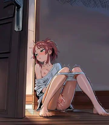 Пост #1420: kunitoro (artist), mushoku tensei, aisha greyrat, 1girl, against wall, ahoge, blush, breasts, door, door handle, ear blush, female masturbation
