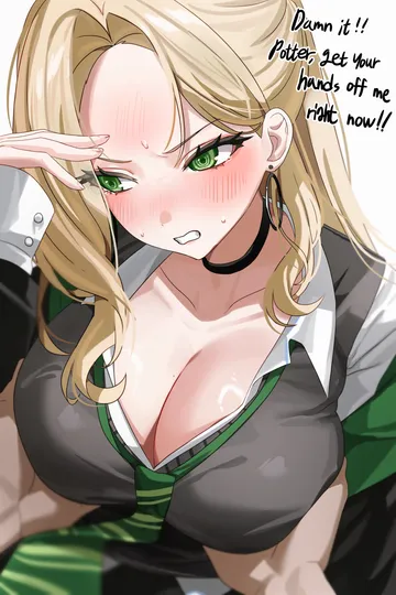 Пост #500: cho 913, harry potter (series), wizarding world, harry potter, malfoid, 1girl, blonde hair, blush, breasts, cleavage, clenched teeth, collared shirt