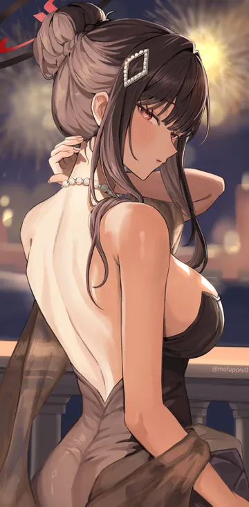 Пост #2389: mofuporu0, blue archive, rio (blue archive), rio (christmas dress) (blue archive), 1girl, arm up, backless dress, backless outfit
