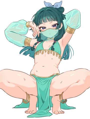 Пост #206: xxskreamlo87809, kusuriya no hitorigoto, maomao (kusuriya no hitorigoto), 1girl, alternate costume, anklet, armpits, arms up, barefoot, beads, bikini, blue bow