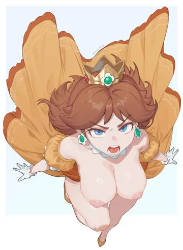 Пост #2821: melowh, mario (series), princess daisy, 1girl, alternate breast size (larger), artist name, bare shoulders, blue eyes