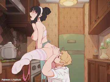 Пост #3315: lit silium, spy x family, twilight (spy x family), yor briar, 1boy, 1girl, apron, ass, black hair, blonde hair, bra, breasts