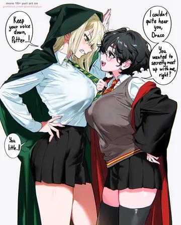 Пост #1262: qiandaiyiyu, harry potter (series), wizarding world, harry potter, malfoid, 2girls, artist name, black eyes