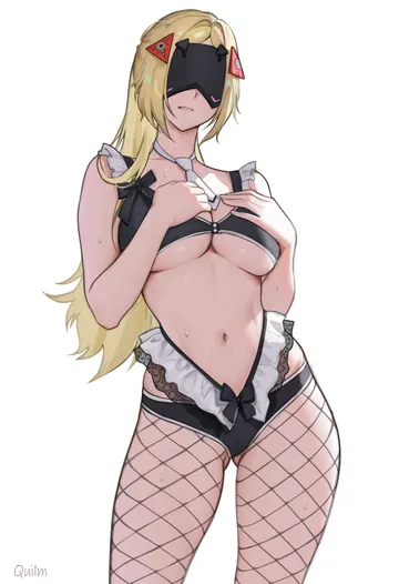 Пост #2428: quilm, zenless zone zero, trigger (zenless zone zero), 1girl, alternate costume, blindfold mask, blonde hair, breasts