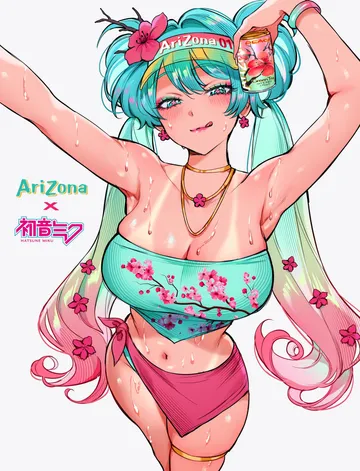 Пост #2201: qiandaiyiyu, vocaloid, hatsune miku, :q, 1girl, arizona (drink), armpits, arms up