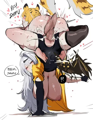 Пост #3848: kurenaiz (kuayrenaiz), zenless zone zero, ju fufu, qingming bird (zenless zone zero), yixuan (zenless zone zero), !?, 2girls, ahoge, animal ear fluff, animal ears, asymmetrical gloves, barefoot