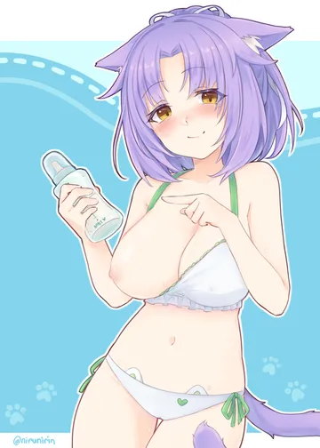 Пост #2722: nirunirin, nekopara, cinnamon (nekopara), 1girl, animal ear fluff, animal ears, baby bottle, bikini