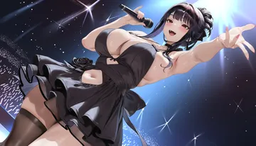 Пост #1714: aoi sakura (seak5545), goddess of victory: nikke, d (nikke), 1girl, armpits, audience, black dress, breasts