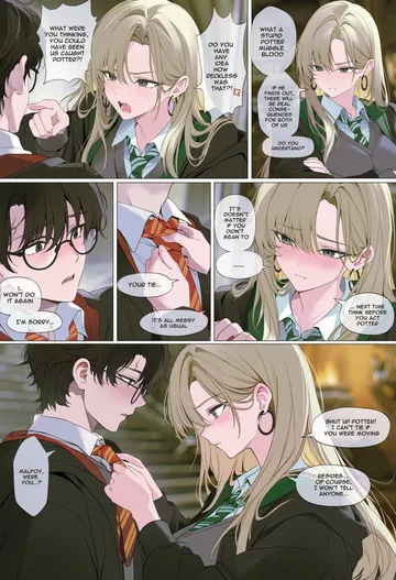 Пост #516: re0n, harry potter (series), wizarding world, harry potter, malfoid, 1boy, 1girl, black hair, blonde hair, blush, breasts, closed mouth