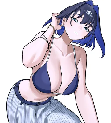 Пост #1638: zeon (zzeeonn), hololive, hololive english, ouro kronii, 1girl, adjusting hair, alternate costume, arm support