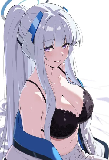 Пост #1588: reia 76, blue archive, noa (blue archive), 1girl, black bra, bra, breasts, grin