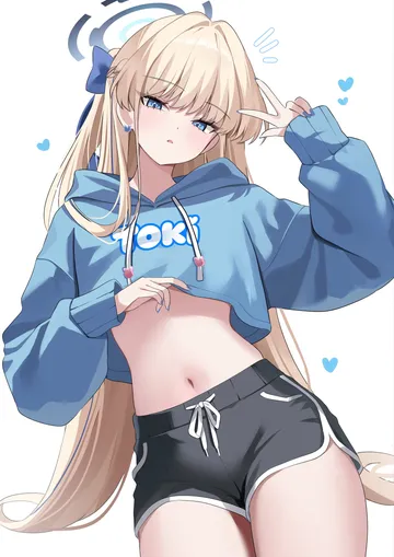 Пост #3942: nannung, blue archive, toki (blue archive), 1girl, black shorts, blonde hair, blue eyes, blue hoodie, blue nails, bow, character name, clothes writing