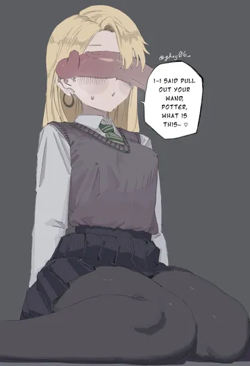 Пост #813: gkay06, harry potter (series), wizarding world, malfoid, 1boy, 1girl, black pantyhose, black skirt, black sweater vest, blonde hair, blush, breasts
