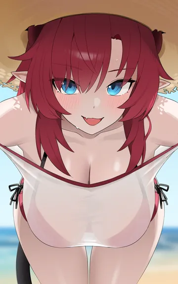 Пост #3977: seueo, blue archive, megu (blue archive), megu (swimsuit) (blue archive), 1girl, bare shoulders, bikini, bikini top under shirt