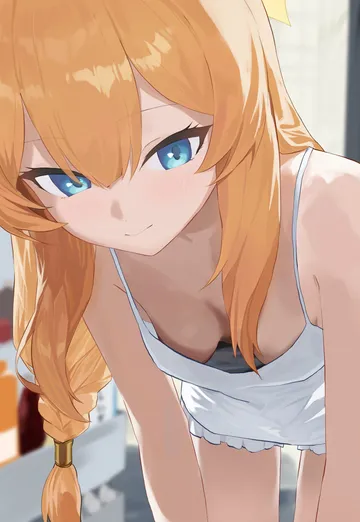 Пост #1290: evening rabbit, blue archive, mari (blue archive), 1girl, alternate costume, bent over, blue eyes, blurry