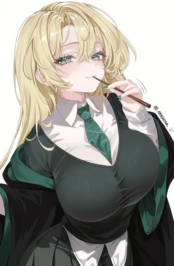 Пост #607: krashena, harry potter (series), wizarding world, malfoid, 1girl, between breasts, black robe, black skirt