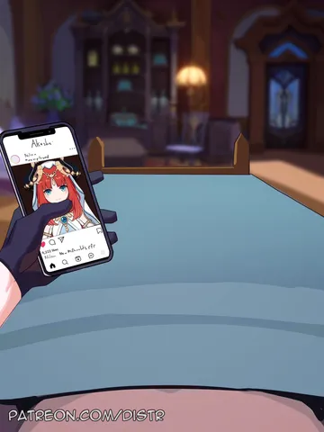Пост #2835: distr, genshin impact, yae miko, 1girl, animal ears, artist name, bare shoulders, breast press, breasts, cellphone, collarbone, completely nude