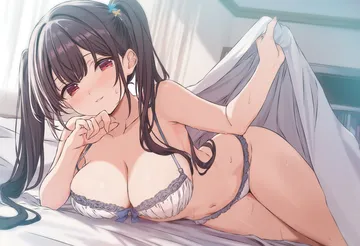 Пост #382: cutlass (classic chocolate), original, 1girl, bed sheet, bra, breasts, brown hair, cleavage