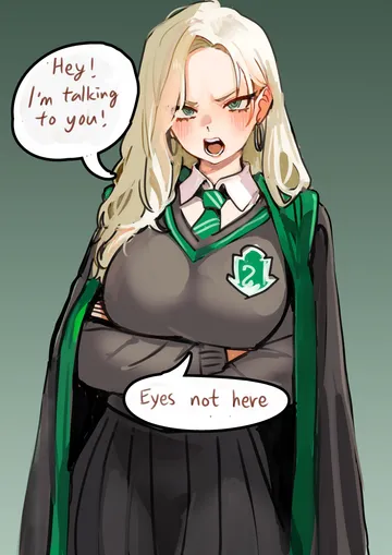 Пост #1065: seafoodisgood087, harry potter (series), wizarding world, malfoid, 1girl, aqua eyes, arms under breasts, black cloak