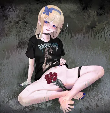 Пост #3741: rancidronin, original, erika (popopoka), 1girl, barefoot, black shirt, blonde hair, blue eyes