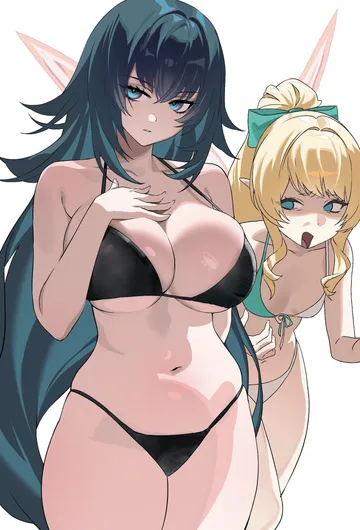 Пост #1773: serpent (pepepp39), genshin impact, danica (genshin impact), vesna (genshin impact), 2girls, aqua eyes, bikini, black bikini