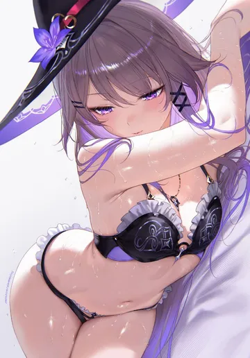 Пост #2008: 1girl, bikini, black bra, black headwear, blush, bra, breasts, flower