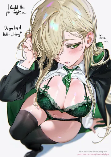 Пост #489: qiandaiyiyu, harry potter (series), wizarding world, malfoid, 1girl, black thighhighs, blonde hair, blush, bow, bow bra, bow panties, bra