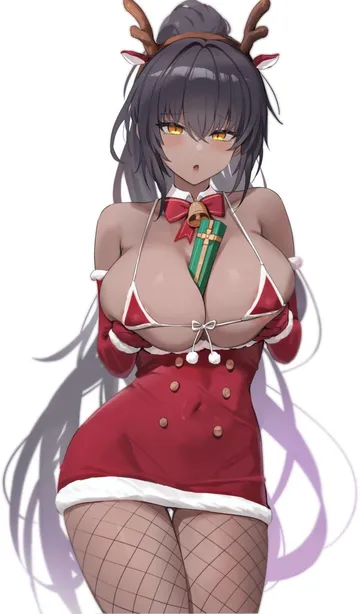 Пост #2105: karin (blue archive), 1girl, alternate costume, animal ears, antlers, bare shoulders, bell, between breasts