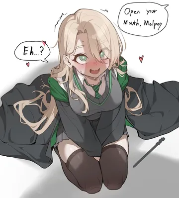 Пост #428: parack, harry potter (series), wizarding world, malfoid, 1girl, black robe, black skirt, black thighhighs, blush, breasts, collared shirt, diagonal-striped clothes