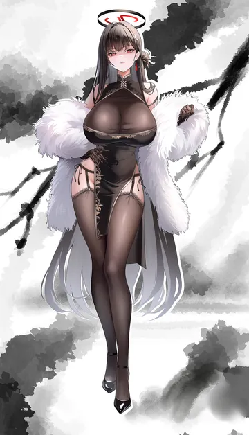 Пост #2465: kumi (kumi86kumi), blue archive, rio (blue archive), 1girl, alternate costume, black dress, black garter belt, black hair