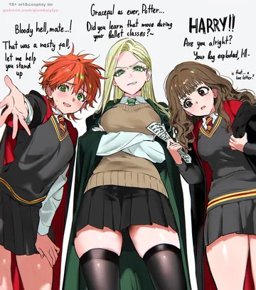 Пост #948: qiandaiyiyu, harry potter (series), wizarding world, hermione granger, malfoid, ron weasley, 3girls, black jacket