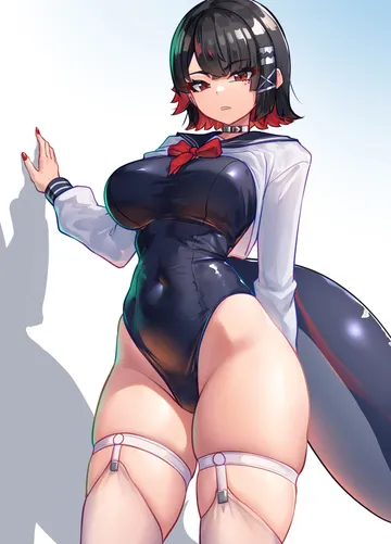 Пост #1265: nicchi, zenless zone zero, ellen joe, phoenix reffaella, phoenix reffaella (daydream complex), 1girl, black hair, black one-piece swimsuit