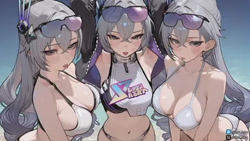 Пост #1450: chenonly, honkai (series), honkai: star rail, silver wolf (honkai: star rail), silver wolf (lv.999) (honkai: star rail), 3girls, alternate breast size (larger), ass