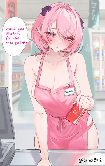 Пост #989: shiroi2412, zenless zone zero, remielle dan, 1girl, apron, blush, breasts, cashier