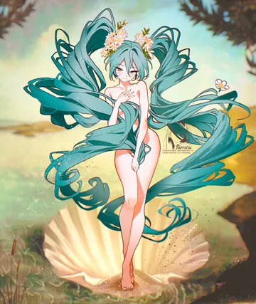 Пост #2181: dixretsa, the birth of venus, vocaloid, hatsune miku, 1girl, absurdly long hair, artist name, blue eyes, blue hair, breasts, closed mouth, collarbone