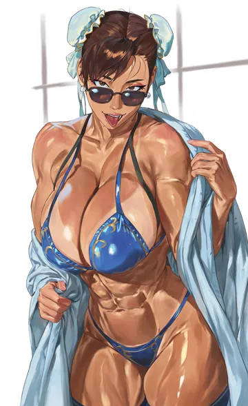 Пост #3973: taiyang yu, street fighter, chun-li, 1girl, abs, adjusting clothes, bare shoulders, biceps