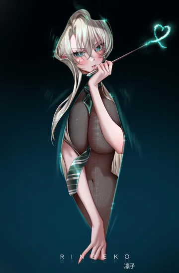 Пост #732: ringeko-chan, harry potter (series), wizarding world, malfoid, 1girl, artist name, between breasts, black bodystocking