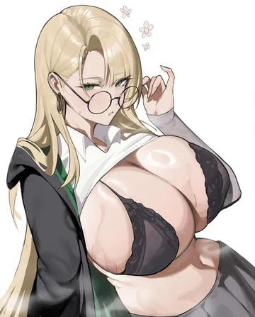 Пост #458: hyou (2664286753), harry potter (series), wizarding world, malfoid, 1girl, black bra, black-framed eyewear, blonde hair
