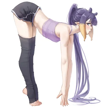 Пост #198: samukzz, hololive, hololive english, ninomae ina'nis, 1girl, bare arms, bent over, black shorts, black thighhighs, blue eyes, blunt bangs, breasts