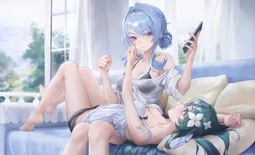 Пост #2913: swkl:d, genshin impact, odette (genshin impact), vodyanitsa (genshin impact), 2girls, alternate costume, bare shoulders, barefoot